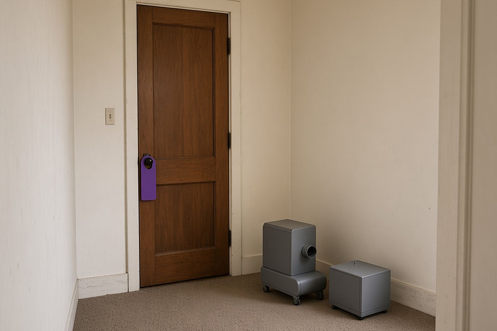 Air-filtration and odor-control units staged outside a closed door with a do-not-enter tag on the handle